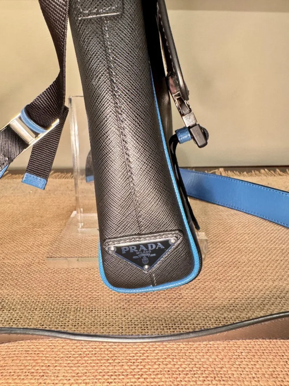 Prada Saffiano Leather Crossbody Bag — Black with Blue Trim